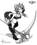  1girl boots chains choker demon horns leaning looking_at_viewer phuse phuse_morken pointy_ears scythe short_hair silenyte skirt smirk stitches 