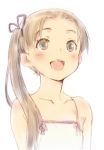 1girl ayanami_(kantai_collection) bare_shoulders blush brown_eyes brown_hair collarbone commentary_request hair_ribbon kantai_collection kawata_hisashi long_hair open_mouth ribbon side_ponytail smile solo tooth_gap 