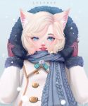  1girl absurdres animal_ears artist_name blonde_hair blue_eyes blue_scarf buttons cat_ears cat_girl coat gloves highres looking_at_viewer original parted_lips scarf short_hair smile snow solo teeth 