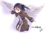  1girl angel angel_wings artist_name black_hair blue_eyes commentary dated eyebrows gloves hair_ribbon kyoo-kyon_(kyo-kyon) long_sleeves looking_at_viewer original ribbon side_ponytail suzunari_shizuku translated white_gloves wings 