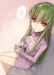  1girl c.c. code_geass creayus green_hair long_hair looking_at_viewer open-chest_sweater open_mouth solo sweater yellow_eyes 