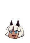  &gt;:d 1girl :d animal_ears animated animated_gif bangs blue_eyes blush dark_skin fang head_only jumping ms._fortune_(skullgirls) open_mouth short_hair simple_background skullgirls smile solo watson white_background white_hair 