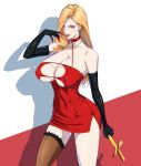  1girl artist_request blonde_hair breasts cleavage covered_nipples cross dress earrings elbow_gloves gloves highres huge_breasts jewelry necklace red_dress red_eyes white_skin 