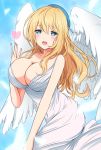  1girl angel angel_wings atago_(kantai_collection) beret blonde_hair blue_eyes blush breasts cleavage dress eyebrows eyebrows_visible_through_hair feathered_wings feathers hat heart highres kantai_collection large_breasts long_dress long_hair looking_at_viewer nanairo_fuuka open_mouth smile wings 