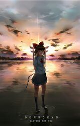  1girl arms_behind_back ascot backlighting bow clouds cloudy_sky commentary_request english full_body gohei grey_legwear grey_skirt hair_bow hair_tubes hakurei_reimu highres looking_at_viewer luomo pleated_skirt red_bow red_eyes ripples school_uniform shirt shoes sidelocks skirt sky solo standing standing_on_liquid sunset torii touhou water white_shirt 