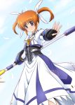  1girl announcement_celebration blush brown_hair cropped_jacket diesel-turbo dress feathers fingerless_gloves gauntlets gloves hair_ribbon jacket juliet_sleeves long_sleeves looking_at_viewer lyrical_nanoha magical_girl mahou_shoujo_lyrical_nanoha mahou_shoujo_lyrical_nanoha_the_movie_3rd:_reflection puffy_sleeves raising_heart ribbon shiny shiny_hair short_hair short_twintails smile solo staff takamachi_nanoha twintails violet_eyes w 