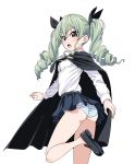  1girl anchovy ass bare_legs black_ribbon black_skirt blush brown_eyes cape commentary_request drill_hair from_behind girls_und_panzer green_hair hair_ribbon highres hiroyuki loafers long_hair long_sleeves looking_back no_legwear open_mouth panties ribbon shirt shoes skirt striped striped_panties sweat twin_drills twintails underwear white_shirt 
