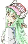  1girl arale_(cosplay) c.c. code_geass creayus dr._slump glasses green_hair long_hair norimaki_arale open_mouth smile solo yellow_eyes 
