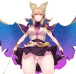 1girl ass_visible_through_thighs belt black_skirt blonde_hair bracelet breasts brown_shirt cape_lift earmuffs expressionless from_below gradient_clothes holding holding_sword holding_weapon jewelry looking_at_viewer looking_down panties pantyshot pantyshot_(standing) ribbon scabbard sekiyu_(spartan) sheath shiny shiny_skin shirt short_hair sideboob sidelocks simple_background skirt skirt_lift sleeveless sleeveless_shirt solo standing sword thighs touhou toyosatomimi_no_miko underwear weapon white_background wind yellow_eyes 