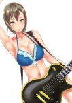  1girl armpits bikini blue_bikini blue_swimsuit breasts brown_hair cleavage electric_guitar green_eyes guitar idolmaster idolmaster_cinderella_girls instrument les_paul navel short_hair solo swimsuit tada_riina takeda_seiji white_background 