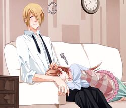 1boy 1girl apron blonde_hair closed_eyes couch couple hair_over_one_eye hetero lap_pillow long_hair satou_jun short_hair taka_ane todoroki_yachiyo working!! 