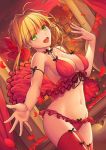  1girl adapted_costume ahoge babydoll blonde_hair breasts dutch_angle fate/grand_order fate_(series) green_eyes highres lingerie medium_breasts navel open_mouth panties petals red_legwear red_panties rose_petals saber_extra smile solo tsuki_suigetsu underwear 