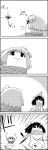  4koma bag bird bound bow cape comic commentary_request eating flower flying from_behind hair_bow hair_flower hair_ornament hieda_no_akyuu highres monochrome no_humans reiuji_utsuho shaded_face shameimaru_aya silent_comic sitting smile tani_takeshi tied_up touhou translation_request wings yukkuri_shiteitte_ne 