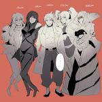  ... 1boy 4girls anne_bonny_(fate/grand_order) artist_request carmilla_(fate/grand_order) commentary fate_(series) height_chart height_conscious highres leaning_on_person li_shuwen_(fate/grand_order) monochrome multiple_girls open_clothes open_shirt orion_(fate/grand_order) red_background scathach_(fate/grand_order) shirt sketch 