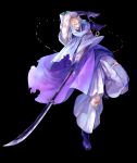  1boy absurdres beads black_background boots gloves highres iwatooshi kinoko1108 male_focus nail_polish open_mouth partly_fingerless_gloves purple_boots purple_gloves purple_nails solo standing standing_on_one_leg sword tagme teeth touken_ranbu weapon 