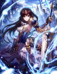  1girl armor armored_boots armored_dress black_joa blue_eyes blue_legwear boots breasts brown_hair garter_straps gauntlets highres holding holding_sword holding_weapon long_hair looking_at_viewer medium_breasts original solo spaulders sword thigh-highs thigh_boots weapon 