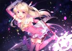 1girl absurdres blonde_hair boots collarbone detached_sleeves fate/kaleid_liner_prisma_illya fate_(series) gloves highres illyasviel_von_einzbern kirushi_(killcy) long_hair magical_girl open_mouth pink_boots pink_eyes solo staff thigh-highs thigh_boots two_side_up white_gloves 