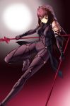  1girl bodysuit breasts dual_wielding fate/grand_order fate_(series) forehead_jewel full_body gae_bolg highres k-k long_hair medium_breasts pauldrons polearm purple_hair red_eyes scathach_(fate/grand_order) see-through solo spear veil very_long_hair weapon 