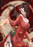  1girl breasts brown_hair burning_eye cinder_fall cleavage fire highres koba_hanai long_hair rwby side_slit solo 