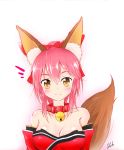  1girl animal_ears artist_name bare_shoulders bell bell_collar blush bow breasts cleavage collar collarbone commentary_request detached_sleeves fate/grand_order fate_(series) fox_ears fox_tail gradient gradient_background hair_bow hair_ribbon japanese_clothes large_breasts light_smile looking_at_viewer pink_hair portrait potato_(chenghungchai) ribbon shiny shiny_skin signature solo tail tamamo_(fate)_(all) tamamo_cat_(fate) white_background yellow_eyes 