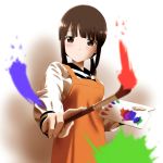  1girl apron brown_eyes brown_hair paint paintbrush school_uniform 