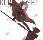  1girl black_hair boots breasts cape character_name cross-laced_footwear gloria_(84568750) gothic_lolita grey_eyes lace-up_boots lolita_fashion pantyhose petals red_cape riding rose_petals ruby_rose rwby scythe short_hair solo weapon 