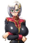  1girl amania_orz breast_rest breasts character_request crossed_arms dated error glasses green_eyes gundam large_breasts light_frown long_sleeves looking_at_viewer military military_uniform pinky_out pursed_lips red-framed_eyewear semi-rimless_glasses shiny shiny_clothes shiny_hair short_hair silver_hair simple_background solo twitter_username under-rim_glasses uniform upper_body white_background zeta_gundam 