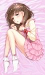  1girl blue_eyes blush brown_hair hairband highres idolmaster idolmaster_cinderella_girls kohane looking_at_viewer lying on_side parted_lips ribbon sakuma_mayu short_hair sketch socks solo strap_slip 