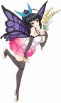  1girl black_eyes black_hair breasts bridal_gauntlets bridal_legwear butterfly_wings character_request cleavage dress flower full_body high_ponytail holding kure_masahiro large_breasts leg_lift long_hair looking_at_viewer official_art simple_background solo toeless_legwear valkyrie_drive white_background wings 