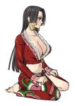  1girl black_hair boa_hancock breasts cleavage earrings easy_(aqk7bdqt) full_body jewelry long_hair midriff navel one_piece simple_background sitting solo white_background 