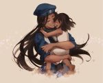  2016 2girls ana_(overwatch) armor bangs bare_shoulders beret blue_hat blue_jacket blush bodysuit brown_hair brown_lipstick child closed_eyes coat dark_skin dress face-to-face happy hat hug jacket lipstick long_hair makeup military military_uniform mother_and_daughter multiple_girls open_clothes open_coat open_mouth overwatch perio_67 pharah_(overwatch) short_hair sleeveless sleeveless_dress smile teeth uniform younger 