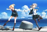  2girls asymmetrical_hair bangs black_legwear blonde_hair blouse blue_eyes blue_sky brown_footwear clouds day flipped_hair full_body gloves grey_eyes kantai_collection kneehighs leaning_forward loafers looking_at_viewer maikaze_(kantai_collection) multiple_girls neck_ribbon necktie nowaki_(kantai_collection) open_mouth outdoors outstretched_arms pantyhose parted_bangs pleated_skirt ponytail red_ribbon ribbon school_uniform scrunchie shoes short_ponytail silver_hair skirt sky standing standing_on_one_leg swept_bangs takuzui tetrapod vest wavy_mouth white_blouse white_gloves yellow_neckwear 