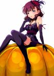  1girl black_legwear blue_eyes blush brown_hair elbow_gloves flower gloves hair_flower hair_ornament hairband idolmaster idolmaster_cinderella_girls idolmaster_cinderella_girls_starlight_stage looking_at_viewer pumpkin sakuma_mayu short_hair simple_background sitting solo thigh-highs white_background zielgigas 