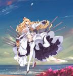  1girl black_gloves blonde_hair blue_eyes breasts cannon chess_piece cleavage commentary_request crown detached_sleeves earrings floating full_body garter_straps gloves high_heels jewelry juliet_sleeves large_breasts lion_(zhan_jian_shao_nyu) long_hair long_legs long_sleeves mecha_musume navel ntrsis ocean outstretched_arm photoshop puffy_sleeves scepter solo stomach suspenders thigh-highs white_legwear zhan_jian_shao_nyu 