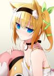  1girl akitaka_(pixiv12739753) animal_ears black_hairband blonde_hair blue_eyes breasts cat_ears cleavage collarbone edna_(tales) eyebrows eyebrows_visible_through_hair green_ribbon hair_ribbon hairband highres neck_ribbon one_side_up ribbon short_hair small_breasts solo tales_of_(series) tales_of_zestiria upper_body 