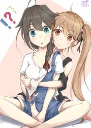  !? /\/\/\ 2girls alternate_costume black_hair blue_eyes blush braid brown_eyes casual cheek-to-cheek eyebrows eyebrows_visible_through_hair hair_flaps hair_ornament highres hug hug_from_behind kantai_collection light_brown_hair long_hair multiple_girls murasame_(kantai_collection) open_mouth ribbon shigure_(kantai_collection) single_braid sitting smile surprised takumin_(takumi415) twintails 