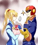  1boy 1girl angry blonde_hair blue_eyes captain_falcon f-zero flower helmet kaidou_mitsuki long_hair metroid open_mouth pikmin pikmin_(creature) ponytail samus_aran smile super_smash_bros. zero_suit 