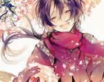  1boy earrings japanese_clothes jewelry kashuu_kiyomitsu long_hair male_focus mole mole_under_mouth open_mouth poni_(rito) ponytail purple_hair red_eyes red_scarf scarf smile touken_ranbu 