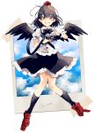  1girl artist_name azuma_aya bird_wings black_skirt blouse blue_sky bow brown_hair camera clouds commentary_request geta hat holding holding_camera knees_together_feet_apart legs_apart looking_at_viewer open_mouth polaroid puffy_short_sleeves puffy_sleeves red_eyes revision shameimaru_aya short_hair short_sleeves sketch skirt sky smile solo strap tape tengu-geta tokin_hat touhou white_blouse wings wrist_cuffs 
