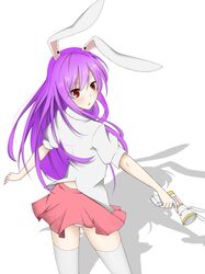  1girl animal_ears back collared_shirt cowboy_shot gun handgun long_hair lunatic_gun open_mouth panties pantyshot pantyshot_(standing) purple_hair rabbit_ears red_eyes reisen_udongein_inaba shadow shirt skirt solo standing thigh-highs touhou underwear weapon white_background white_legwear white_panties xialuluo_(sharuro) 