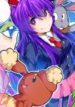  1girl absurdres animal_ears bangs black_legwear breasts collared_shirt colorful crescent crescent_moon_pin gradient_eyes hand_up highres ishimu long_hair long_sleeves looking_at_viewer looking_up medium_breasts multicolored_eyes necktie perspective pink_skirt pokemon pokemon_(creature) purple_hair rabbit_ears red_eyes red_necktie reisen_udongein_inaba shiny shiny_hair shirt skirt smile solo touhou very_long_hair violet_eyes white_shirt 