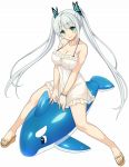  1girl bracelet breasts cleavage green_eyes halterneck inflatable_dolphin inflatable_toy jewelry kure_masahiro large_breasts long_hair looking_at_viewer official_art platform_footwear sandals sashou_urara simple_background smile solo spaghetti_strap straddling twintails valkyrie_drive white_background 
