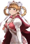 1girl 2016 bangs blue_eyes blunt_bangs blush braid breasts cape closed_mouth covered_navel dated dress earrings elbow_gloves flower gloves granblue_fantasy hair_flower hair_ornament highres jewelry juliet_(granblue_fantasy) light_brown_hair looking_at_viewer medium_breasts nu_(dndnknkn) puffy_short_sleeves puffy_sleeves short_hair short_sleeves signature smile solo tiara twin_braids white_gloves 