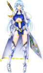  1girl armor armored_boots artist_request blue_hair boots brave_girl_ravens breasts full_body gauntlets gloves highres huge_weapon large_breasts long_hair looking_at_viewer miniskirt simple_background skirt solo standing thigh-highs weapon white_background white_gloves 