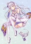  1girl absurdres bare_shoulders braid breasts cat crown_braid elf emilia_(re:zero) flower hair_flower hair_ornament highres long_hair pack_(re:zero) pointy_ears re:zero_kara_hajimeru_isekai_seikatsu silver_hair smile solo thigh-highs violet_eyes white_legwear yoshida_iyo 