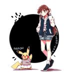  1girl blue_shorts brown_eyes brown_hair buttons character_name closed_mouth crossover d.va_(overwatch) eyebrows eyebrows_visible_through_hair facepaint facial_mark full_body hair_tucking hand_in_pocket hand_to_head jacket letterman_jacket long_sleeves open_clothes open_jacket overwatch pikachu pokemon pokemon_(creature) ribbed_shirt shirt shoes short_hair short_shorts shorts skirt smile socks solo striped striped_shirt walking waving whisker_markings white_legwear 