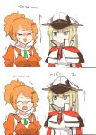  &gt;_&lt; 2girls 2koma aquila_(kantai_collection) blonde_hair blue_eyes blush_stickers closed_eyes comic commentary_request directional_arrow graf_zeppelin_(kantai_collection) hair_ornament hairclip hat high_ponytail kantai_collection multiple_girls no_mouth no_nose orange_hair rebecca_(keinelove) translation_request 