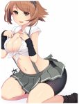  1girl :d alternate_costume arm_warmers bike_shorts black_legwear breasts brown_hair cleavage green_eyes hands_on_own_chest headband headgear kantai_collection large_breasts looking_at_viewer mutsu_(kantai_collection) open_mouth pleated_skirt shirt short_hair short_sleeves simple_background skirt smile socks solo suspenders tun white_background white_shirt 