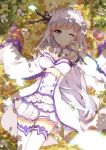  1girl black_ribbon closed_mouth dango_remi detached_sleeves elf emilia_(re:zero) flower frilled_sleeves frills hair_flower hair_ornament hand_on_own_cheek highres long_hair low-tied_long_hair lying on_back one_eye_closed pleated_skirt pointy_ears re:zero_kara_hajimeru_isekai_seikatsu ribbon silver_hair skirt smile solo thigh-highs very_long_hair violet_eyes white_legwear wide_sleeves 