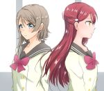  2girls blue_eyes blush brown_hair hair_ornament long_hair love_live! love_live!_sunshine!! multiple_girls redhead sakurauchi_riko school_uniform serafuku short_hair watanabe_you yellow_eyes yuchi_(salmon-1000) 